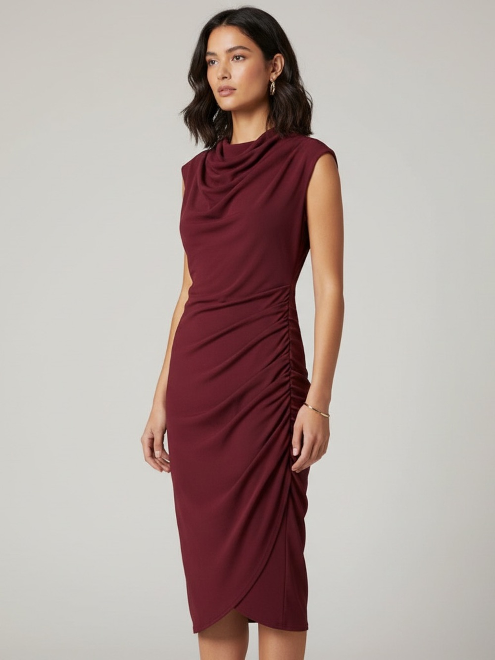 Women’s Ruched Sleeveless Midi Dress - Wine
